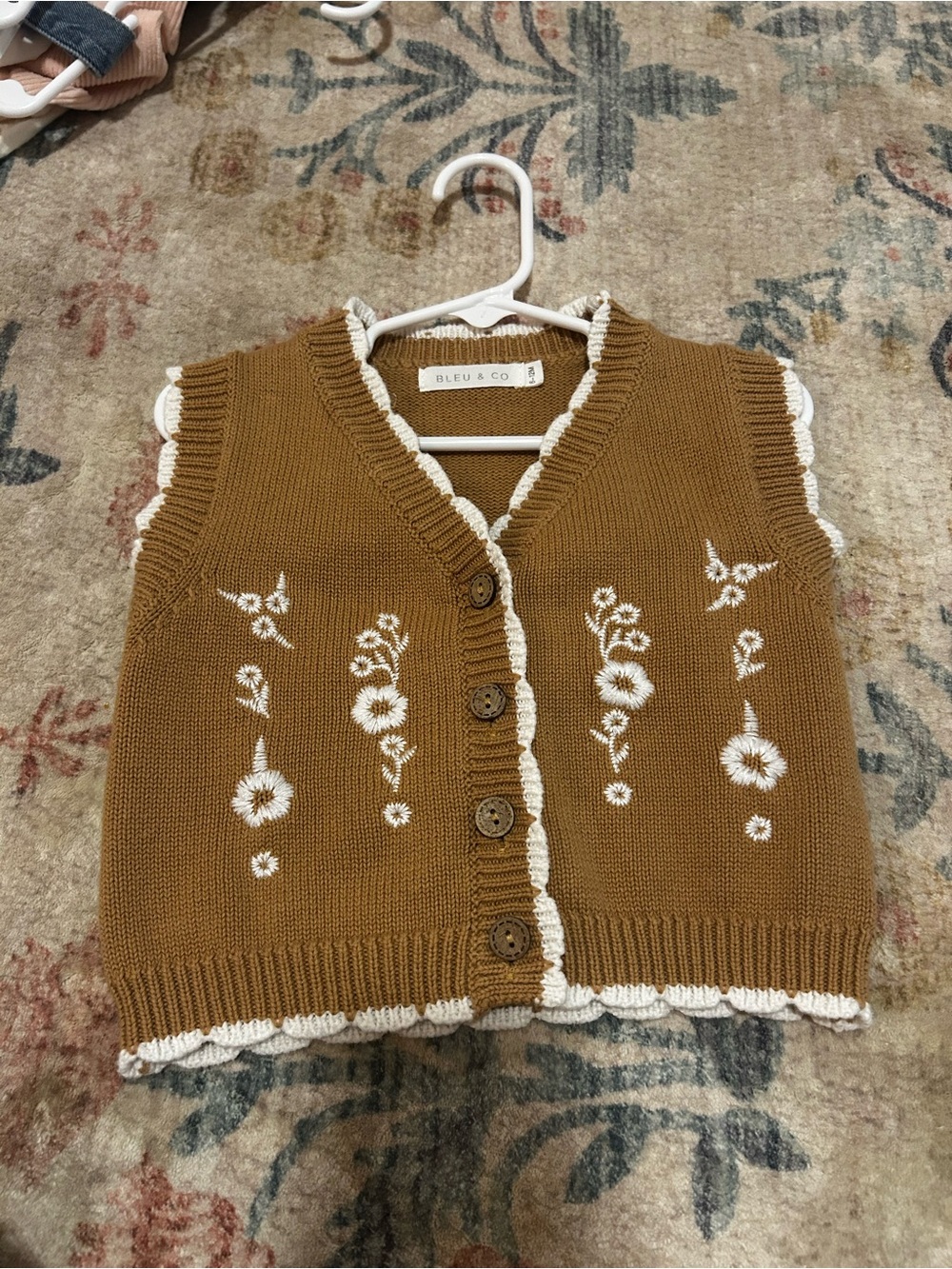 Girls' Brown Floral Knit Vest with Cream Trim